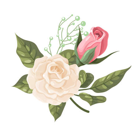 Vintage floral bouquet. Garden white and red rose with green leaves, flower decor composition, elegant decor element, retro style peony wedding decoration. Vector isolated illustrationのイラスト素材