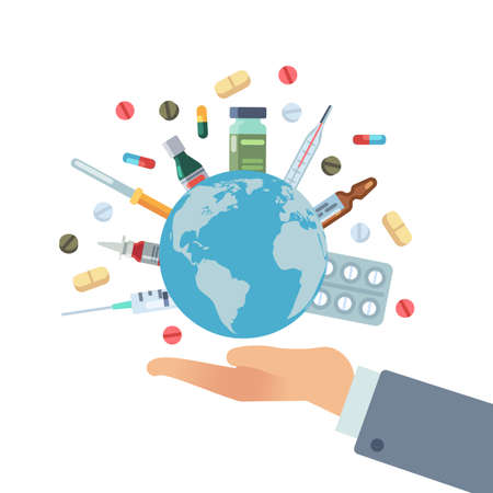 Global pharmaceuticals. Hand hold earth globe with pills vaccines and drugs, different bottles and syringes, world medicine banner vector concept, cartoon isolated on white illustrationのイラスト素材