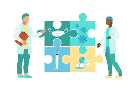 Medical decision. Doctors in uniform with huge puzzle, teamwork in clinic or hospital, diagnosis and treatment, professional discussion and research. Vector cartoon health care conceptのイラスト素材
