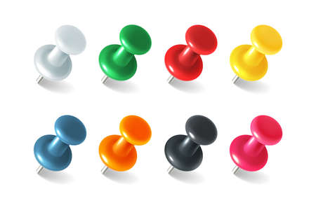 Pins tacks. Realistic pushpins. Isolated map markers. 3D pointer. Thumbtacks set for attaching reminders to note board. Office stationery. Vector plastic buttons with metal needlesのイラスト素材