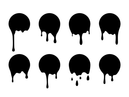Drip paint stickers. Black melted badges. Ink stains. Dripping circles set. Round shape silhouettes with flowing drops. Abstract graffiti elements. Fluid textures. Vector dirty spotsのイラスト素材