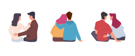 Couple back view. Men and women pairs sitting together, romantic relationships, holding hands on date, valentines or wedding card design objects, characters in love. Vector isolated on white setのイラスト素材