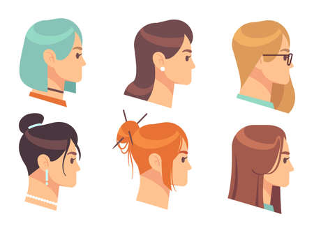 Female head profile. Cartoon woman portraits. Girls with different hairstyles and accessories. Haircuts template for hairdressing salon. Social media network avatars. Vector faces setのイラスト素材
