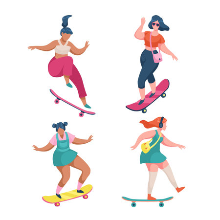 Girls skateboarders. Young women riding skateboards. Cartoon female characters skateboarding outdoor. People jumping and showing tricks on board. Extreme street sport. Vector skaters setのイラスト素材