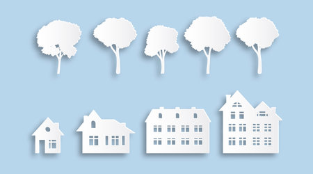 Suburban buildings and trees. Paper cut houses. Various isolated white homes and plants template. Decorative origami elements set. Cityscape constructor kit. Vector cottages exteriors setのイラスト素材