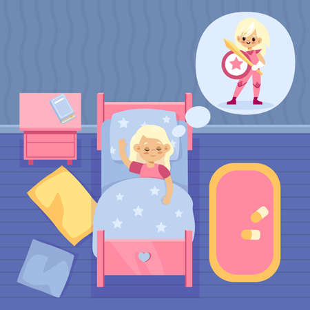 Girls dream. Cartoon kid sleeps and dreaming of superheroes. Child wants to be hero with sword and shield. Character resting in bed home. Vector girl dozes and imagines herself as heroineのイラスト素材