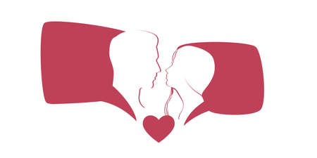 Lovers conversation. Cartoon silhouettes of human heads and speech bubbles with heart symbol. Romantic dialog. Cute man and woman talking on date. Contour faces. Vector couple communicateのイラスト素材