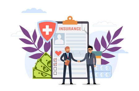 Health insurance. Insurer and patient conclude contract. Man makes deal with agent to care and treatment in hospital. Tablet with documents and people shaking hands. Vector medicineのイラスト素材