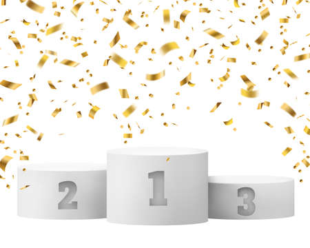 Winner podium with confetti background. Celebrating announcement award pedestal with sparkle effect poster template. White cylinders first second and third place vector realistic illustrationのイラスト素材