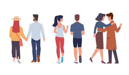 Men and women back view. Couple walking and running together, holding hands, romantic relationships. Young characters in love, husband and wife, boyfriend and girlfriend vector cartoon setのイラスト素材