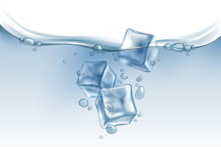 Realistic ice cubes in water. Iced pieces falling in aqua, air bubbles in clear liquid. Beverage with frozen blocks, cold soda drink or cocktail. Advertising backdrop, vector backgroundのイラスト素材