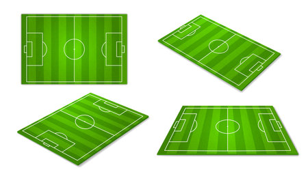Football field. Green soccer play grounds, different camera angles, perspectives and top view, white lines markup, sports game. Outdoors stadium vector realistic isolated on white setのイラスト素材