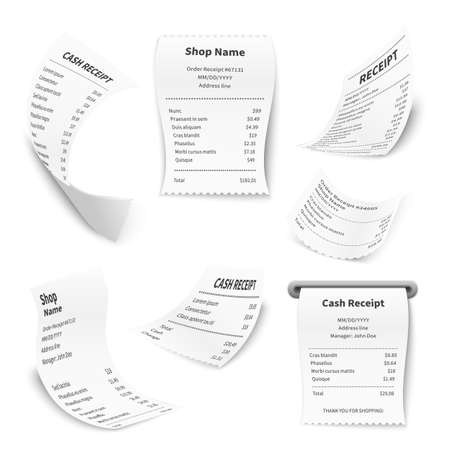 Realistic cash register score. Financial document printed on thermal rolled paper, falling different angles sheets, curved corners, purchase bills collection, vector isolated on white setのイラスト素材