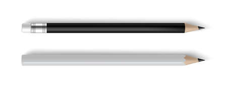 Pencils realistic black and white with and without eraser. Business or school stationery above view, writing or drawing tools mockup with shadows, branding template, vector isolated setのイラスト素材