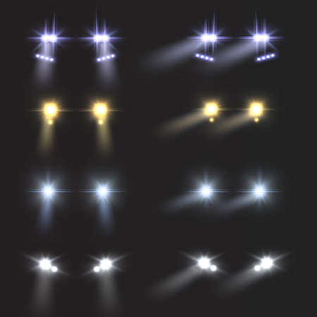 Headlights car. Realistic round bright vehicle front lamps. Light flares and blur shadows effect. Automobile glow beams in night. Driving transport in dark. Vector auto spotlight setのイラスト素材