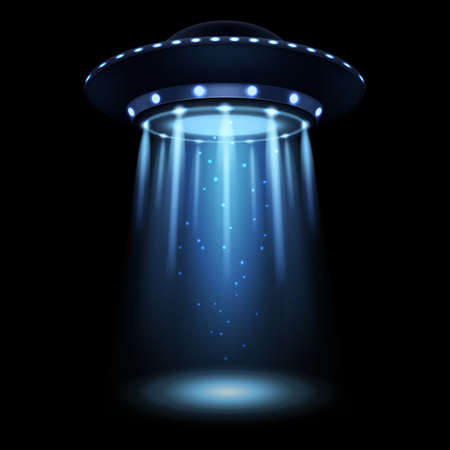 UFO. Realistic alien spaceship with light beam. Futuristic Sci-fi unidentified spacecraft. 3D flying saucer and abduction spotlight ray. Space transport illumination. Vector illustrationのイラスト素材