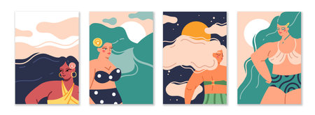 Female long hair. Cartoon women with wavy hairstyle. Cute characters wear swimsuits. Beautiful femmes and nature silhouettes. Summer recreation. Girl portraits. Vector greeting cards setのイラスト素材
