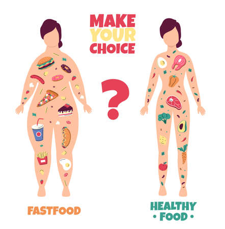 Healthy lifestyle. Fat and slim woman body scheme with good meal and fast food filling. Fitness and diet nutrition or excess weight. Female figures silhouette. Vector choice conceptのイラスト素材