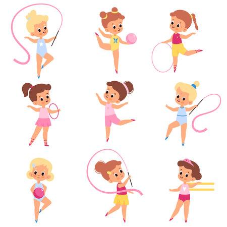 Girls gymnastics. Little athletes in different poses, kids make aerobics and sports, young artists with accessories, training ribbon, ball and hoops. Child competition. Vector cartoon setのイラスト素材