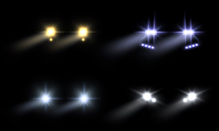 Realistic headlights car. Light flares and blur shadows effect, bright round cars headlight. Vehicle...