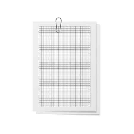 Realistic sheets with holder and clip. Mockup memo. White copybook blank checkered notebook paper open organizer, sketchbook or diary top view, office stationery vector isolated illustrationのイラスト素材