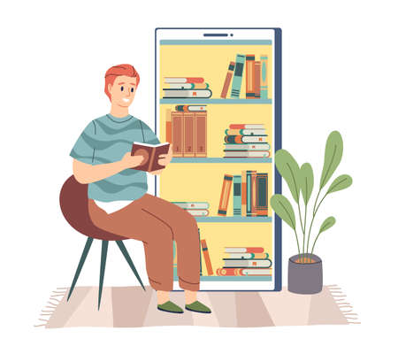 Electronic library. Young man sitting and reading digital book, bookshelf in smartphone, phone screen, online education, student distance studying. Vector cartoon isolated e-learning conceptのイラスト素材