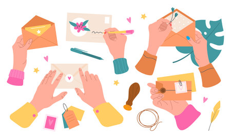 Postal envelopes with hands. Hand hold seal and sign post letters, put in messages dry plants, stick stamps, mail preparation. Romantic pink beige paper decor, vector cartoon isolated setのイラスト素材
