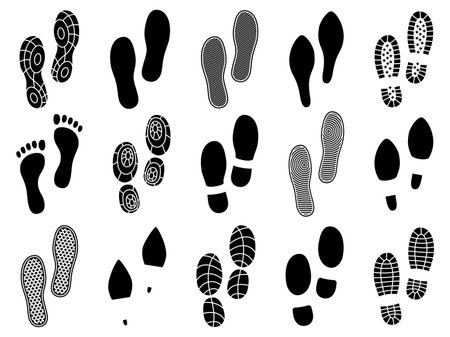 Shoe footprints. Soles prints marks, barefoot, boots and sports sneakers, human traces impression, men and women shoes black stamps. People steps texture. Vector isolated silhouettes setのイラスト素材