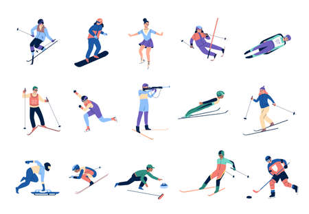 Winter sports skating. Skiers and snowboards athletes, mountains ski jumping and freestyle, bobsleigh, curling ice hockey games. People active poses vector cartoon isolated setのイラスト素材
