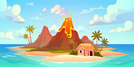 Volcanic eruption. Natural disaster scene, power kick hot lava and smoke, island catastrophe, active mountain crater, shack on ocean beach. Horizontal landscape vector cartoon flat conceptのイラスト素材