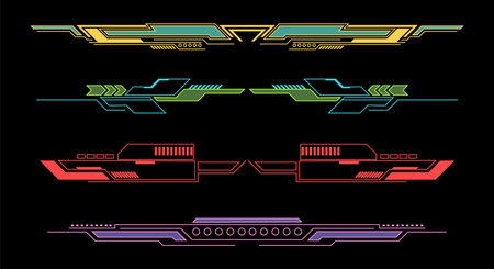Elements futuristic HUD. Callout bar. Modern digital info boxes. Geometric graphic dividers. Game interface frame with contour arrows and lines. User menu panel. Vector borders setのイラスト素材