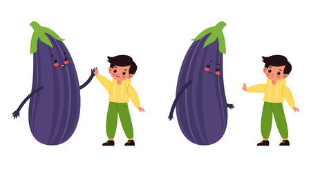 Kids with vegetables. Small children and big eggplants. Happy and unhappy boy with healthy food. Dairy vegetarian organic meal. Vitamin and nutrition. Vector cartoon isolated illustrationのイラスト素材