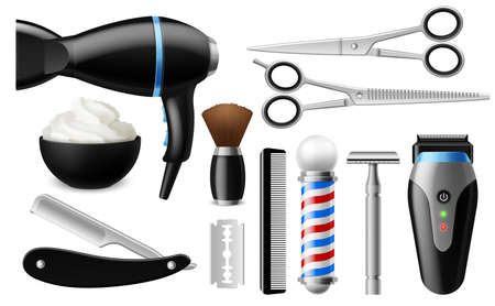 Realistic barber tools. Barbershop isolated objects, men beauty salon professional tools, shaving and fashion hairstyle items. Hair care, curling iron, scissors and combs vector 3d setのイラスト素材