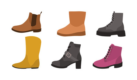 Footwear. Winter types of shoes for men and women. Fashionable casual style. Warm boots collection. Modern clothing. Side view on comfortable leather footgear. Vector accessories setのイラスト素材