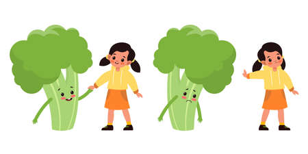 Kids with vegetables. Small children and big broccoli. Happy and unhappy girl with healthy food. Dairy organic meal. Vitamin and nutrition for pupils. Vector cartoon isolated illustrationのイラスト素材
