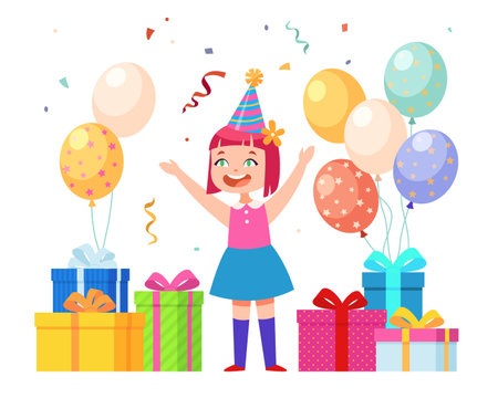 Happy birthday girl. Young child with gifts, balloons and confetti. Funny character. Kids party celebration. Design template for greeting card or invitation. Vector cartoon isolated conceptのイラスト素材