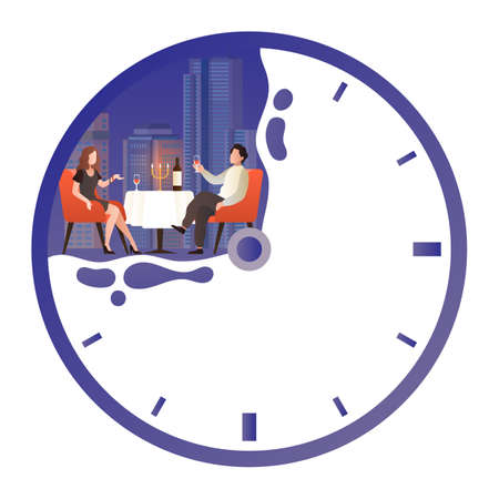 Dinner time, dates. Cartoon couple sitting at table and drinking wine. Romantic dating. Man and woman meeting in restaurant. Watch with scheduled appointment of lovers. Vector conceptのイラスト素材