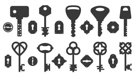 Key and keyhole silhouettes. Hole locks and keys black icons, antique or modern shapes, safety door, vintage and elegant signs. Design and decor elements. Vector isolated setのイラスト素材