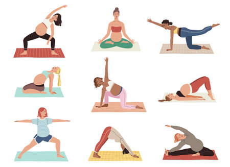 Pregnancy yoga. Relax women different asana poses, expectant mothers fitness, moms stretch, proper breathing, childbirth preparation. Meditation and exercises. Vector cartoon isolated setのイラスト素材