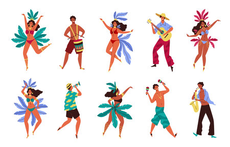 Brazil Carnival. Rio de janeiro samba festival. Women and men in colorful costumes with feathers and...