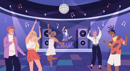 Disco club people. Young guys and girls having fun at discotheque. Friends group on dance floor of...
