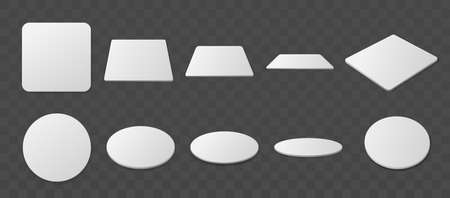 Beer coaster. Realistic paper bierdeckel for mugs and glasses. Circle and square shapes of bar accessories set. Vector view from different angles on blank cardboard drink mats mockupのイラスト素材