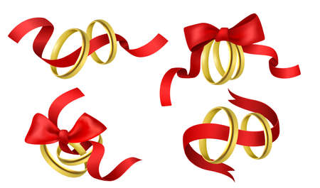 Rings with ribbons. Realistic 3d golden tradition wedding pair rings, yellow metal, red satiny tapes with bows, different compositions, ceremonial marriage jewelries. Vector isolated setのイラスト素材