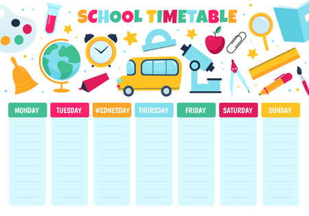 School timetable. Learnings classes scheduling, study weekly planner, primary classes little students, funny kids design. Kids educational accessories, learning items, vector conceptのイラスト素材