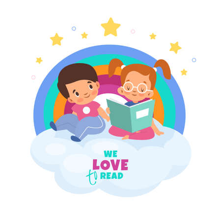 Kids love reading. Girl and boy read book with fairy tales on cloud. Children develop imagination. Rainbow background. Cartoon poster with lettering. Vector happy babies enjoy of literatureのイラスト素材