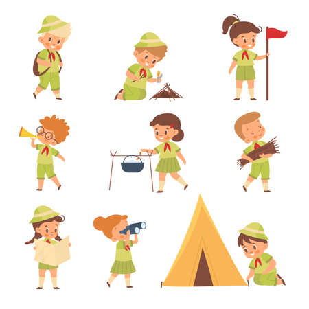 Scouts kids. Boys and girls in uniform learning survival in wild. Young nature explorers and adventurers build camp. Children characters put up tent or light a fire. Vector pupils setのイラスト素材