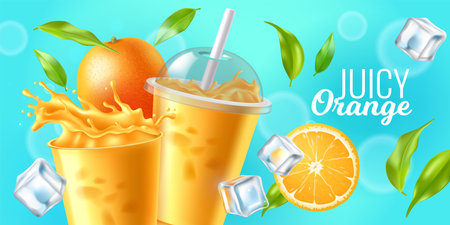 Orange juice. Realistic plastic transparent glasses with fresh citrus beverage, ice cubes, whole fruits and green leaves, cocktail or smoothie shake, advertising poster. Vector 3d conceptのイラスト素材