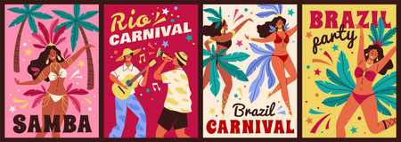 Brazil carnival cards. Happy beautiful dancing latino women and musicians men, big annual festival,...