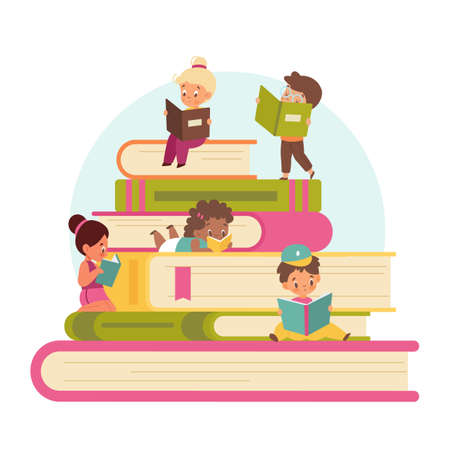 Kids read books. Tiny cute children with big stack of books, training and education, pupils read together, getting knowledge, entertainment literature in library. Vector conceptのイラスト素材