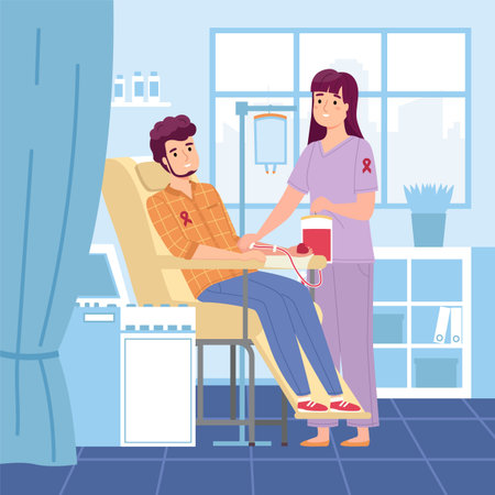 Donor room. Donation clinic, nurse takes blood from man sitting in specialized chair in medical office interior, volunteer help. Health care charity concept, vector illustrationのイラスト素材